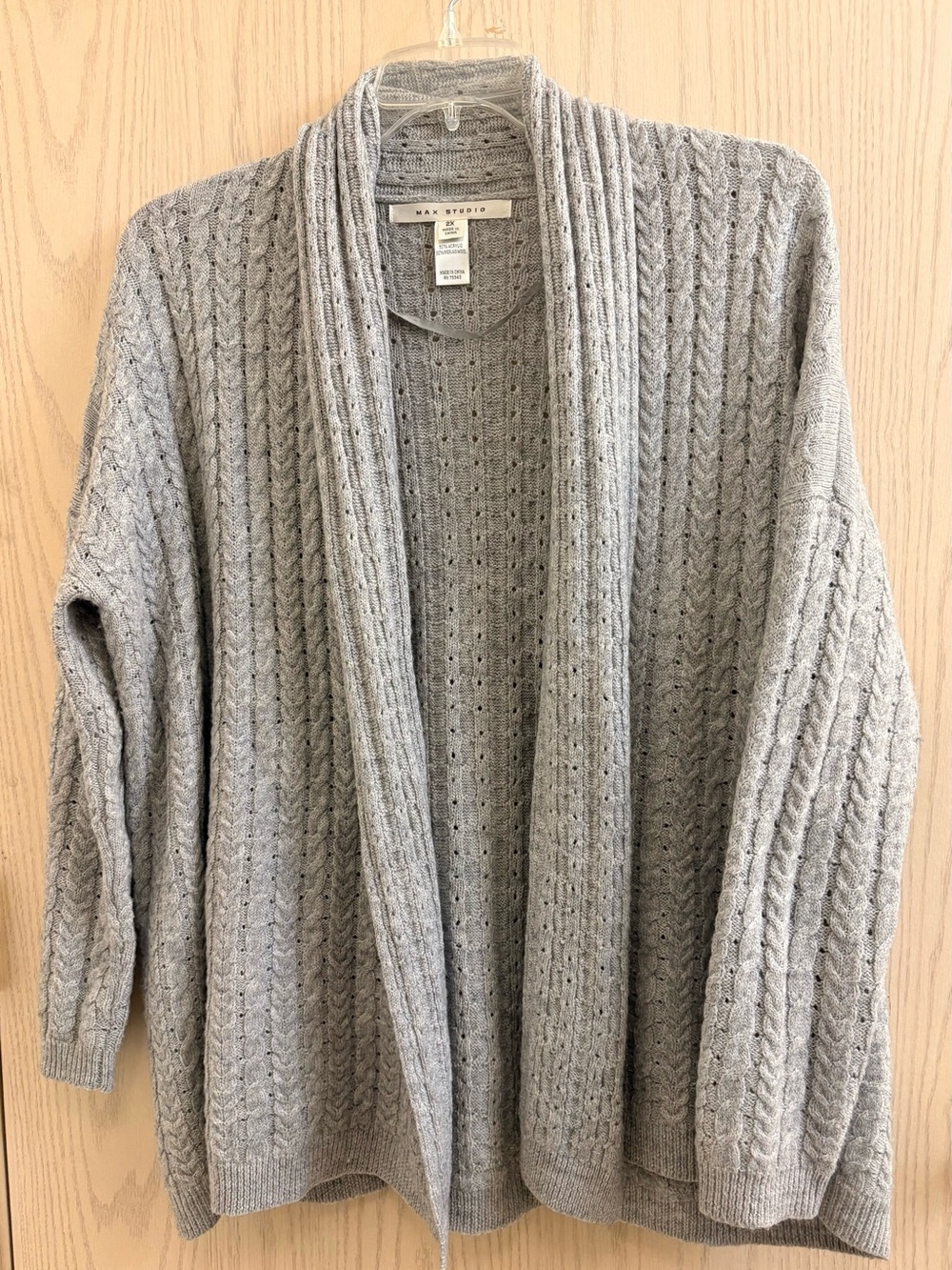 Max Studio Heather Gray Cable-Knit Open Front Cardigan